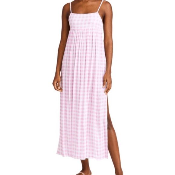 NEW! Playa Lucila Pink Check Maxi Slip Dress Smocked Elastic Back Straps Size XS - Picture 1 of 11